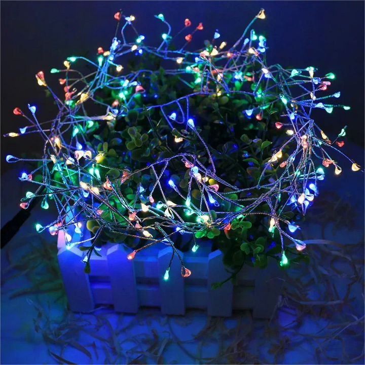 Stimmungsvolle warmweiße LED Cluster Lichterkette beleuchtet einen Weihnachtsbaum mit festlichem Glanz.