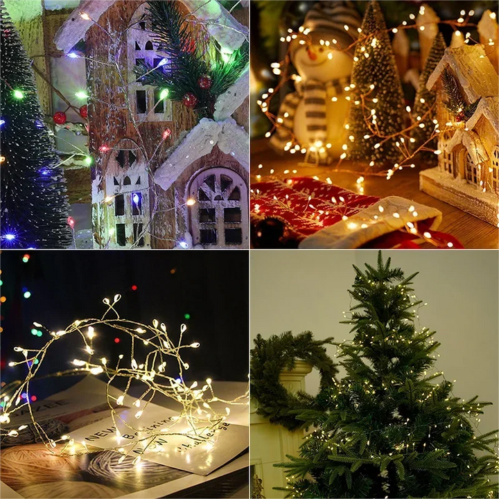 Elegante warmweiße LED Cluster Lichterkette als magische Festdekoration für Hochzeiten und romantische Anlässe.