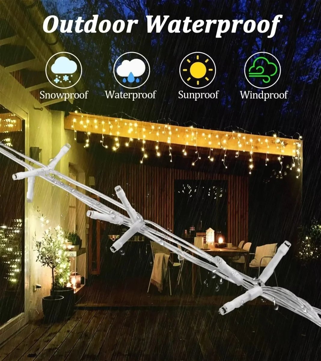 Wasserdichte IP44 LED-Vorhang-Lichterkette, perfekt für Außen- und Innendekoration, ganzjährig nutzbar.