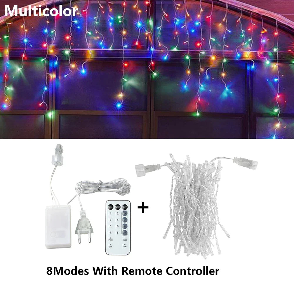 Leuchtender LED Eiszapfen Lichtervorhang für den Garten, stimmungsvolle Outdoor-Weihnachtsdeko.