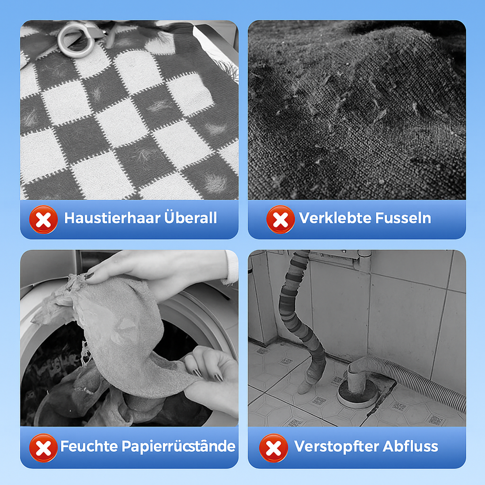 Wiederverwendbarer Fusselentferner für die Waschmaschine. Befreit Kleidung von Tierhaaren & Fusseln.