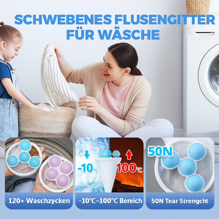 Innovativer Wäsche-Fusselentferner. Macht Kleidung frei von Flusen, Haaren & Fusseln beim Waschen.