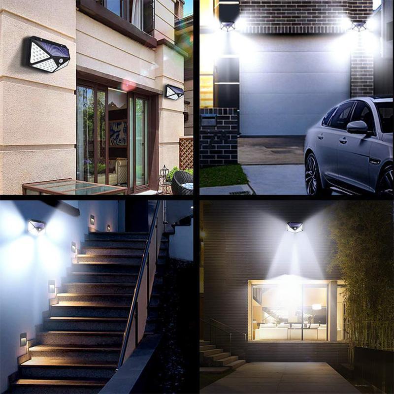 Detailansicht der 100 hellen LEDs und des Bewegungssensors der energiesparenden Solar-Sicherheitsleuchte.