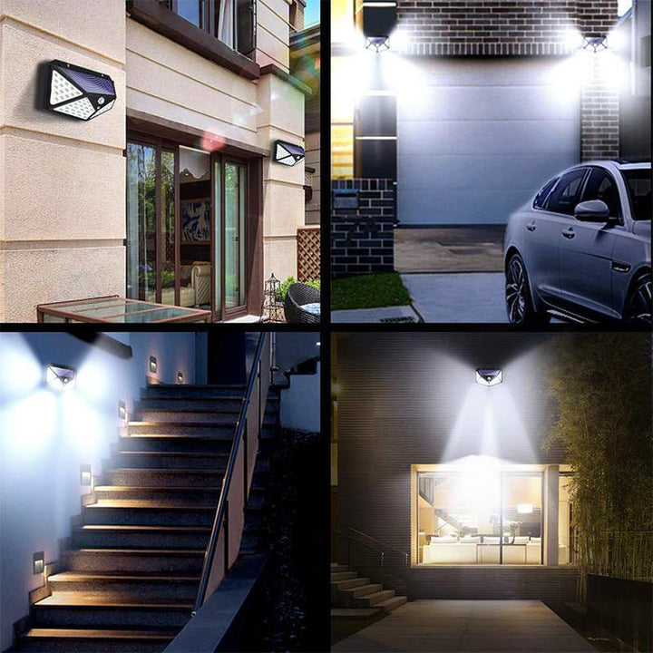 Detailansicht der 100 hellen LEDs und des Bewegungssensors der energiesparenden Solar-Sicherheitsleuchte.