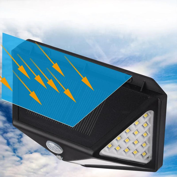 Modernes Design der 100 LED Solarleuchte als stilvolles und funktionelles Sicherheitslicht für den Außenbereich.