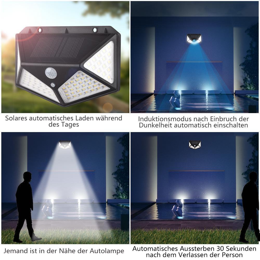 Die 100 LED Solar Wandleuchte ist perfekt als energiesparendes Bewegungsmelder-Licht für Terrasse und Eingang.