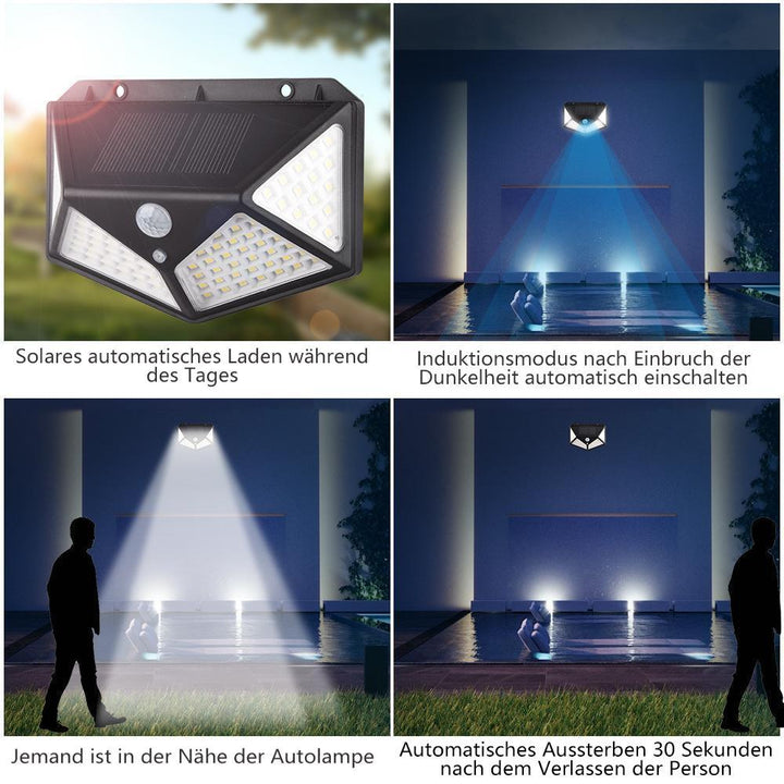 Die 100 LED Solar Wandleuchte ist perfekt als energiesparendes Bewegungsmelder-Licht für Terrasse und Eingang.