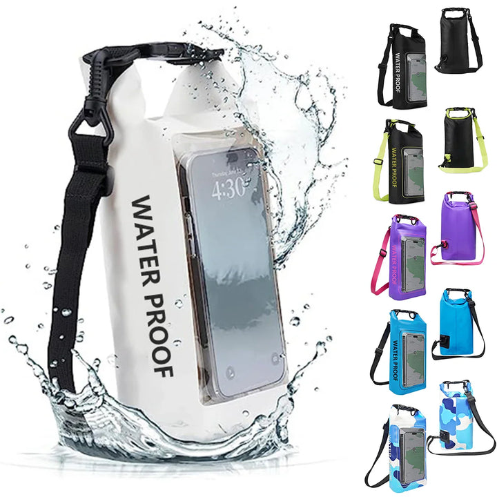Wasserdichte 2L Dry Bag mit Touchscreen-Fenster für sicheres Smartphone beim Kajak & Wassersport.