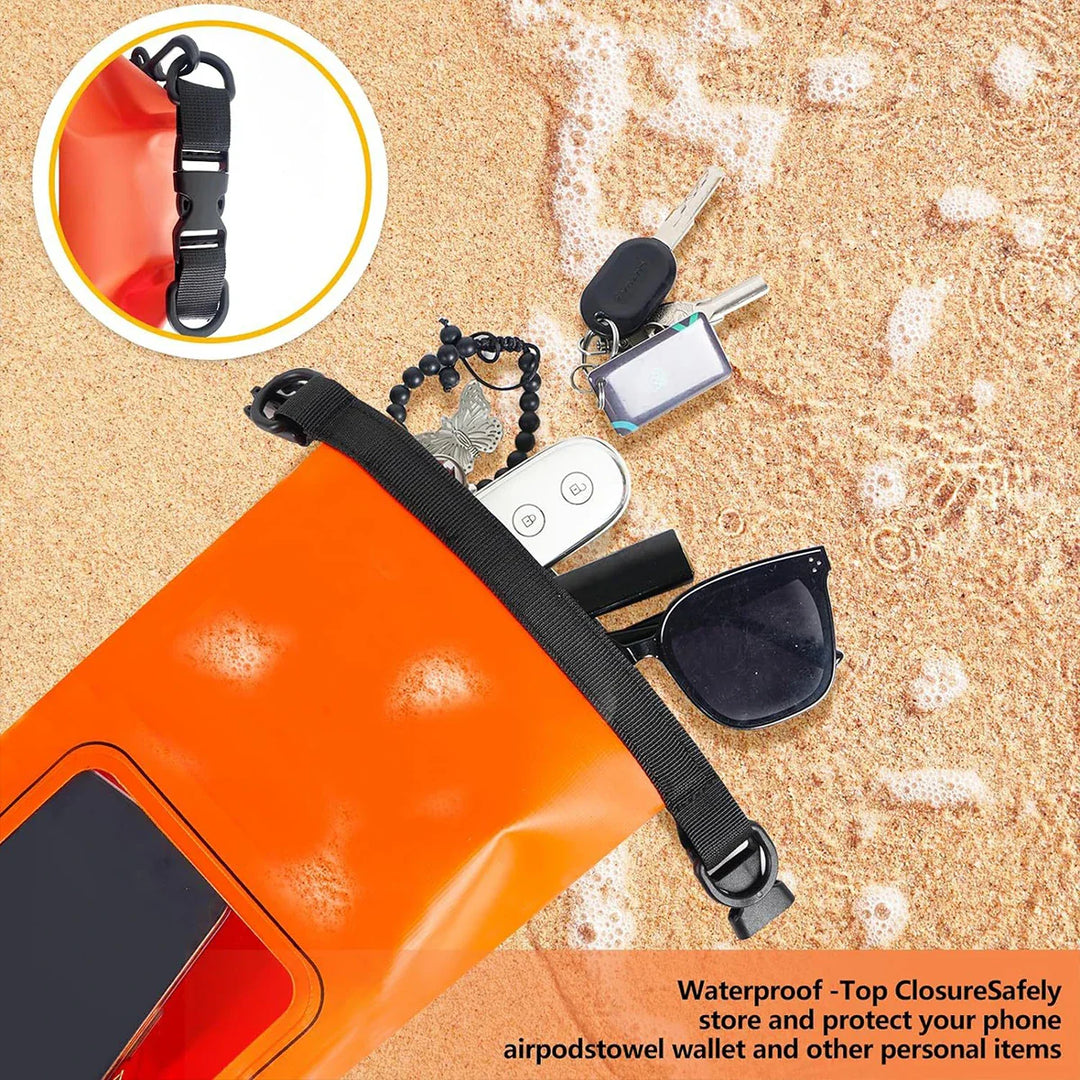 Vielseitige wasserdichte Dry Bag 2L mit Touchscreen-Fenster für Smartphone bei Outdoor-Aktivitäten.