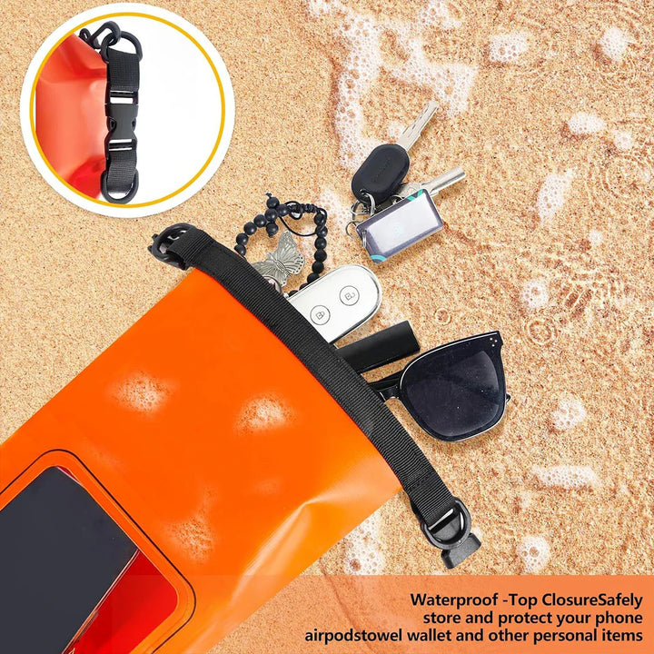 Vielseitige wasserdichte Dry Bag 2L mit Touchscreen-Fenster für Smartphone bei Outdoor-Aktivitäten.