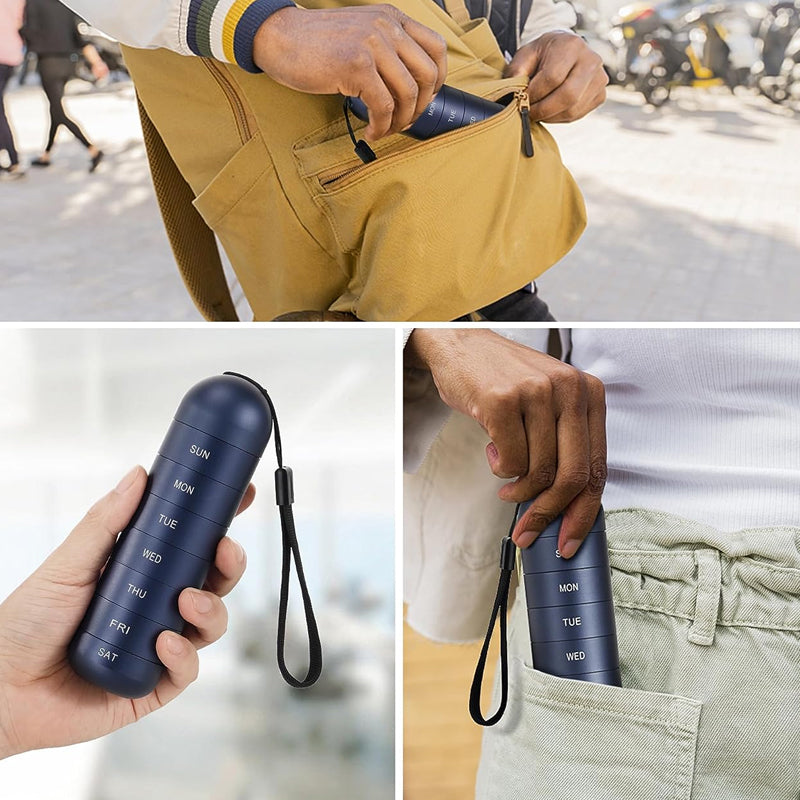 Stabile 7-Tage Aluminium Pillendose, wasserdicht & sicher für tägliche Medikamente auf Reisen.