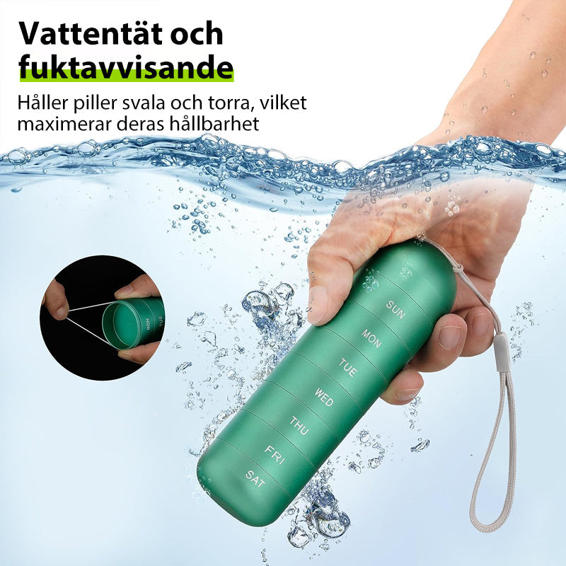 Hochwertige Aluminium Tablettenbox, wasserdicht und stoßfest für 7 Tage Medikamente auf Reisen.