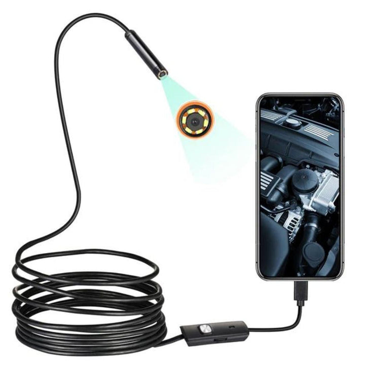 Komplettes Set der wasserdichten Auto-Endoskopkamera in der Verpackung, bereit für die Fahrzeugdiagnose.