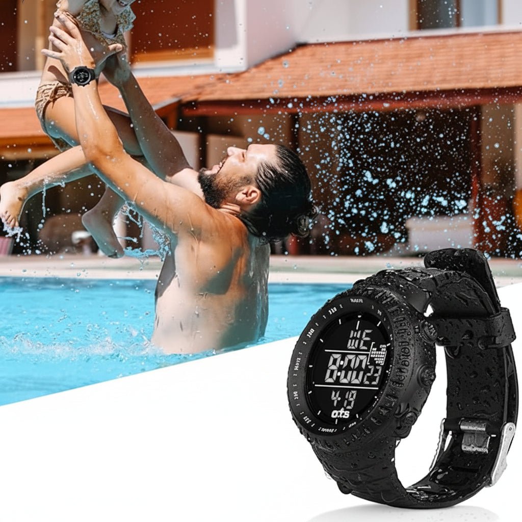 Wasserdichte Herren Digitaluhr mit heller LED-Beleuchtung, stoßfest und vielseitig für Sport.