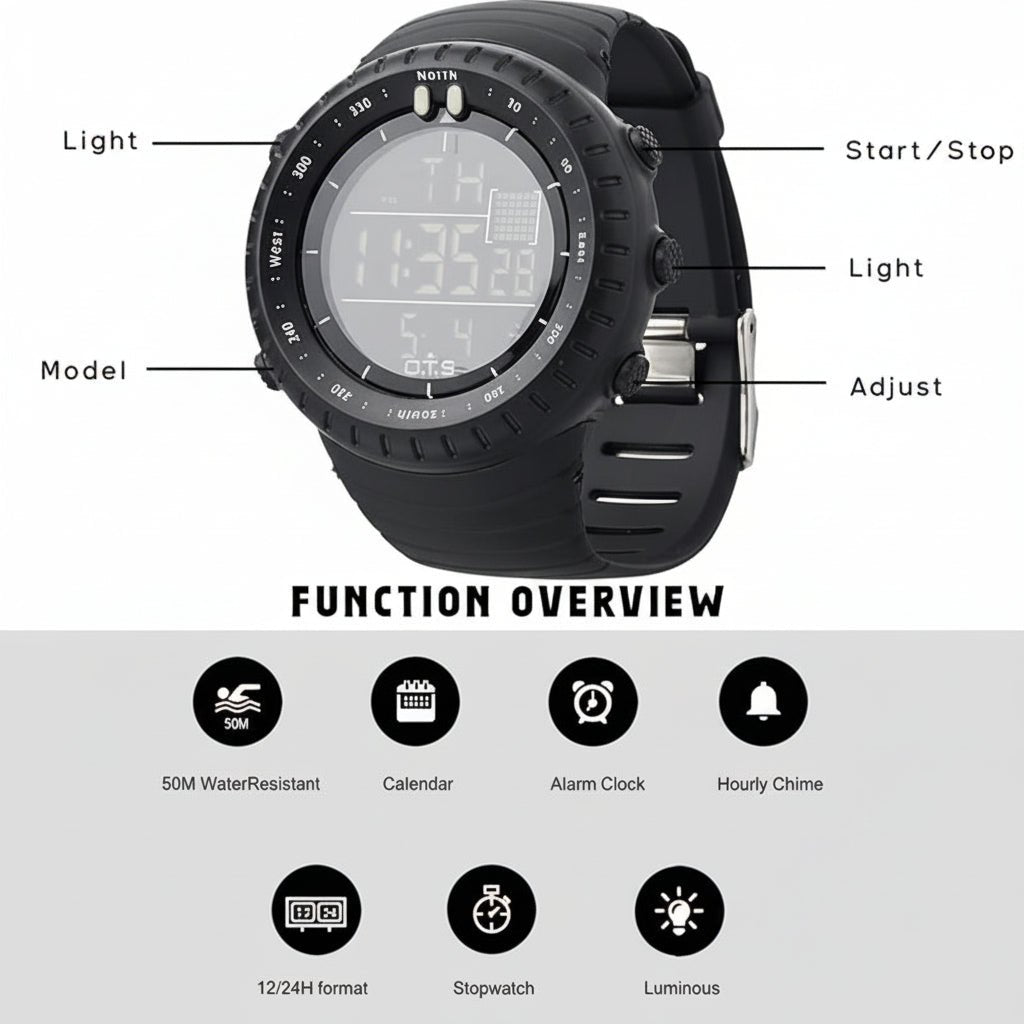Herren Outdoor Digitaluhr, wasserdicht, stoßfest, mit LED-Display und Chronograph-Funktionen.