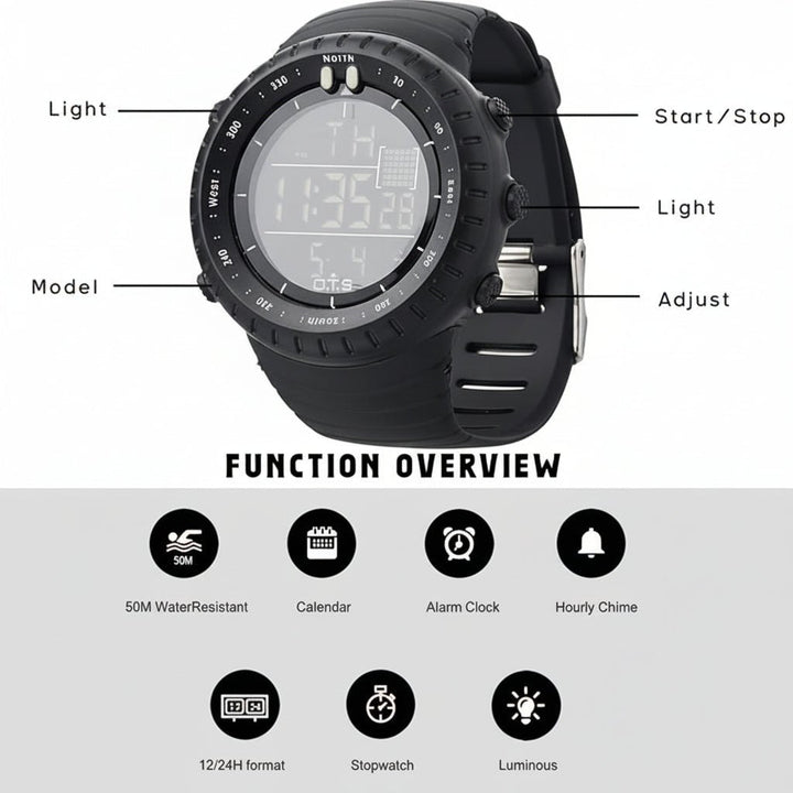 Herren Outdoor Digitaluhr, wasserdicht, stoßfest, mit LED-Display und Chronograph-Funktionen.