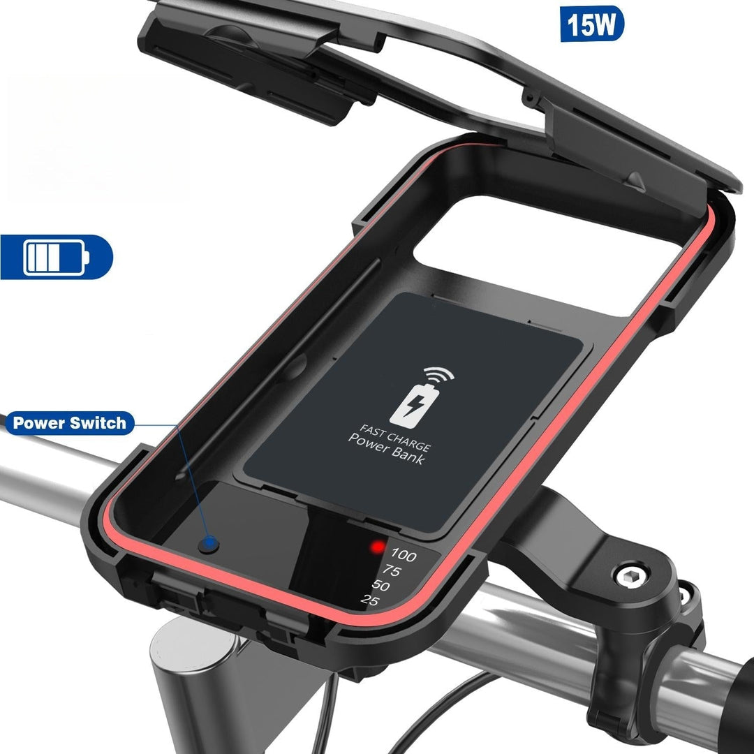 Langlebige Energie & Schutz: Fahrrad Handyhalterung mit Powerbank & Wireless Charge für Outdoor-Einsätze.