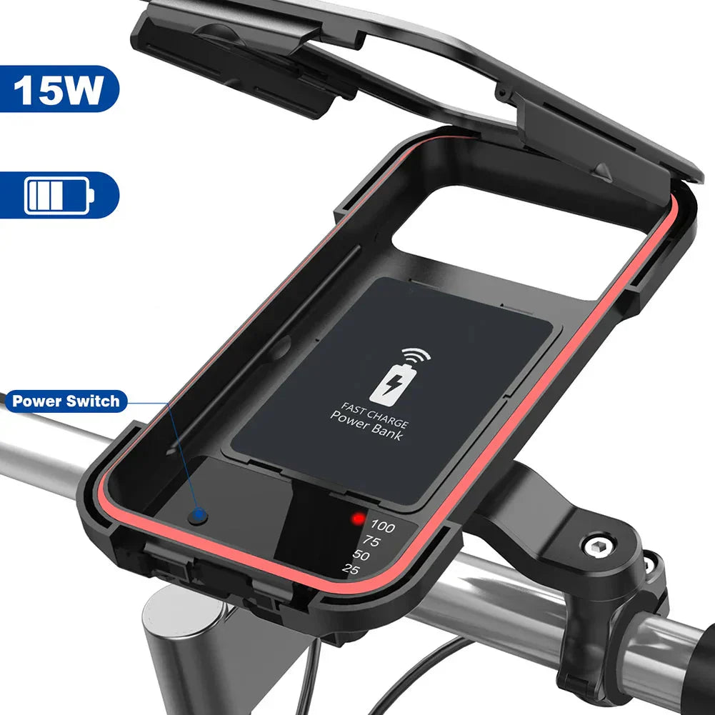 Wasserdichte Fahrradhalterung mit integrierter Powerbank für Smartphones & E-Bikes.