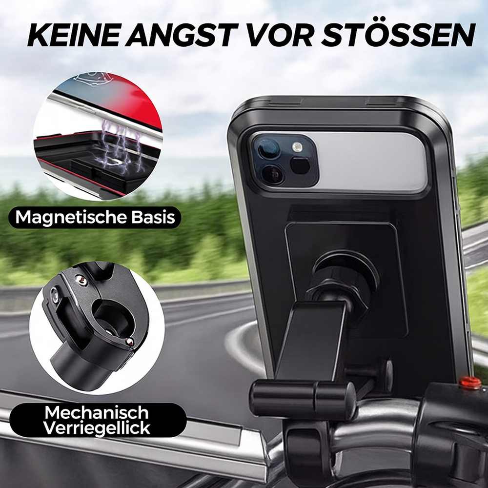 Stabile wasserdichte Fahrrad-Handyhalterung am Lenker befestigt, perfekt für Outdoor-Navigation & Routenplanung.
