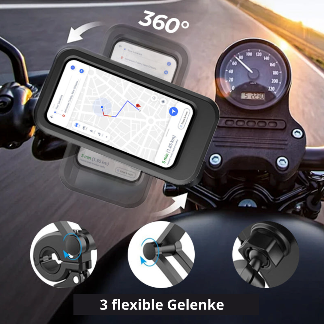 Nahaufnahme der wasserdichten Smartphone-Hülle für die universelle Fahrrad- & Motorrad-Navigation Halterung.