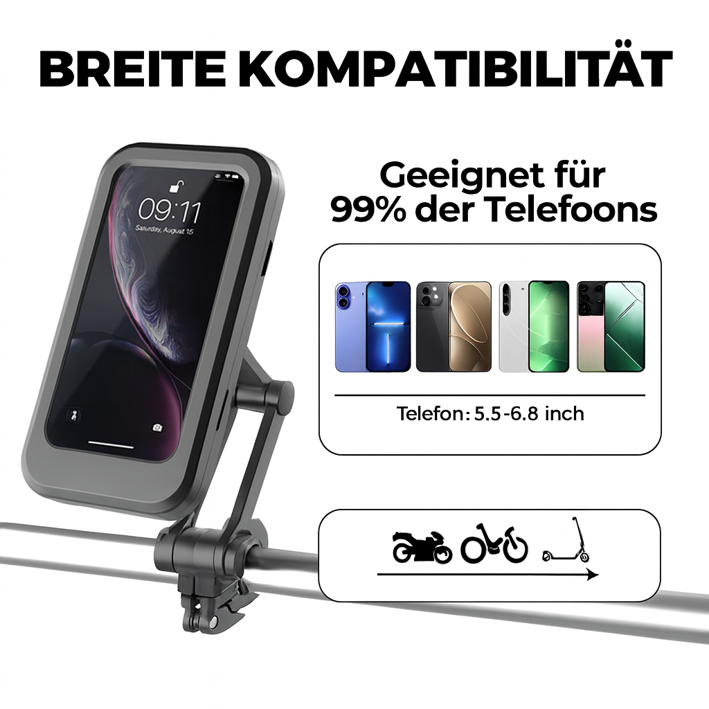 Universelle wasserdichte Smartphone-Halterung passend für die meisten Fahrrad- & Motorradlenker, einfach montierbar.