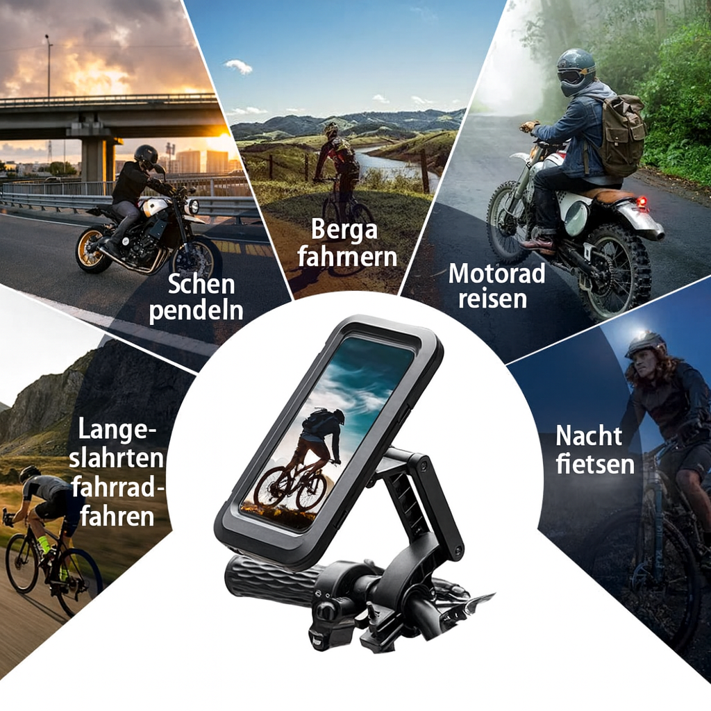Smartphone in wasserdichter Navigation-Handyhalterung am Fahrrad befestigt, bereit für die Tour.