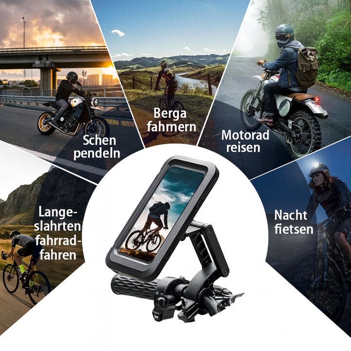 Smartphone in wasserdichter Navigation-Handyhalterung am Fahrrad befestigt, bereit für die Tour.