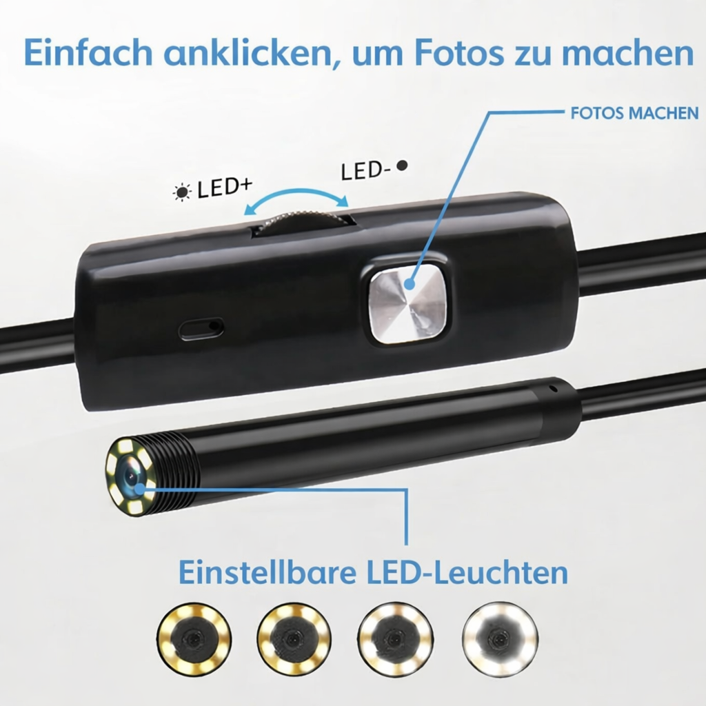 Digitale Lupe: Wasserdichte HD Endoskopkamera mit LED-Beleuchtung für detaillierte Inspektionsansichten.