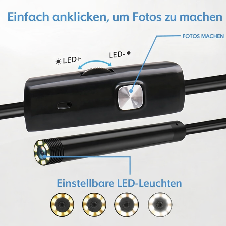 Digitale Lupe: Wasserdichte HD Endoskopkamera mit LED-Beleuchtung für detaillierte Inspektionsansichten.