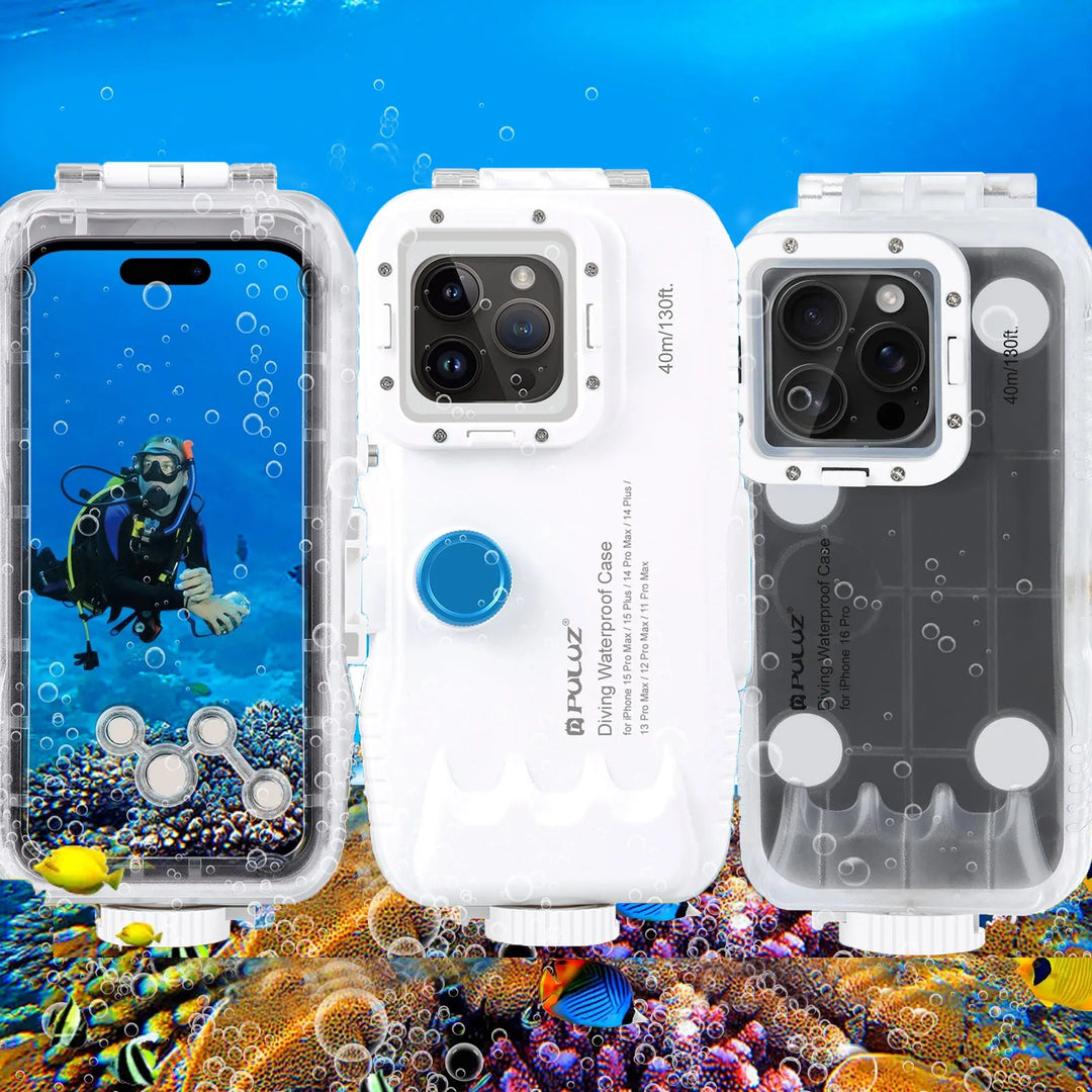 Robuste iPhone Schutzhülle für Taucher, wasserdicht bis 40m. Ideal für sichere Unterwasser-Abenteuer & klare Fotos.