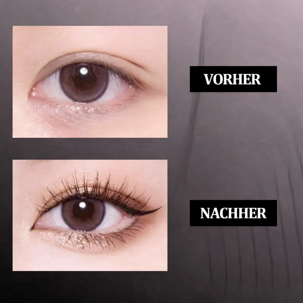 Präzisionsbürste einer schwarzen, wasserfesten Mascara, die jede Wimper umhüllt und verlängert.