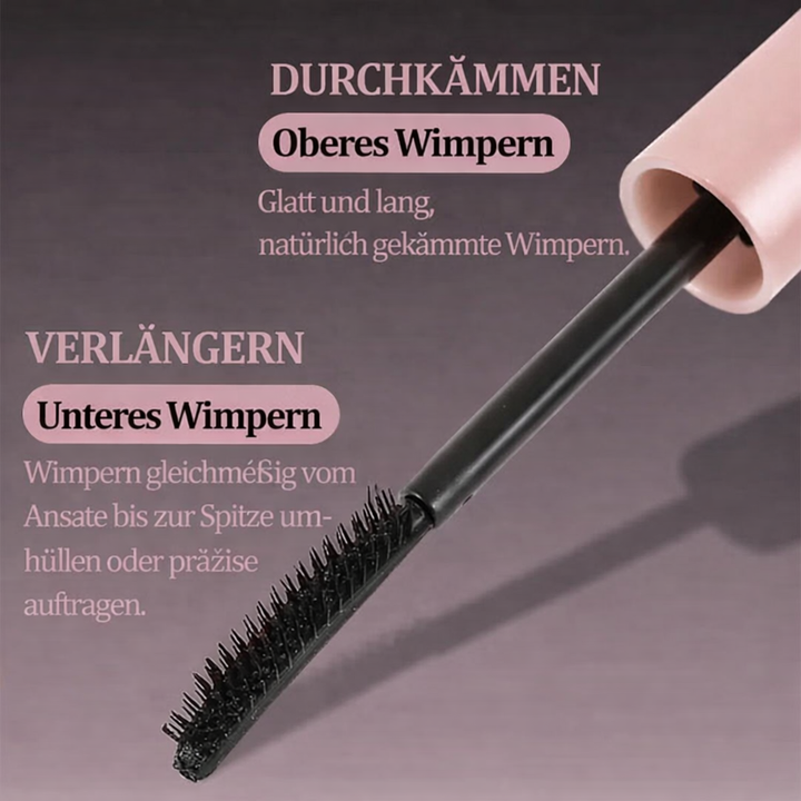 Nahaufnahme von Wimpern nach dem Auftragen von wasserfester Mascara für Dichte und Länge.