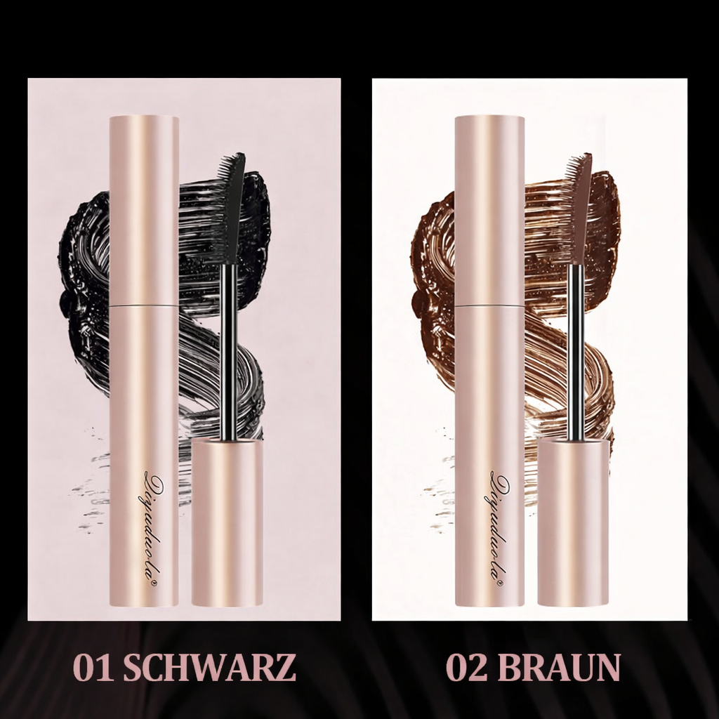Innovative Präzisionsbürste einer schwarzen Mascara für extrem lange und voluminöse, definierte Wimpern.