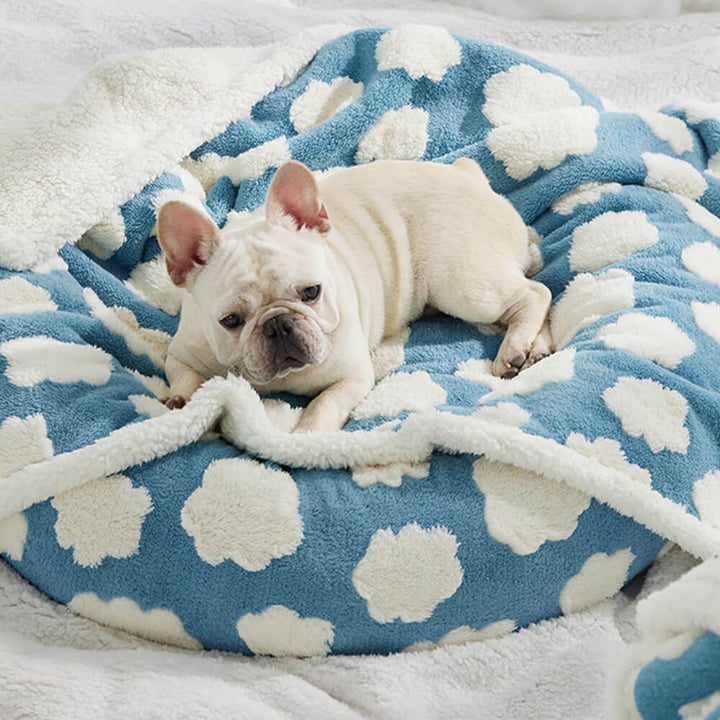 Stilvolle Hundedecke mit Wolkenmuster, wasserdichtem Boden und weichem Sherpa-Fleece.
