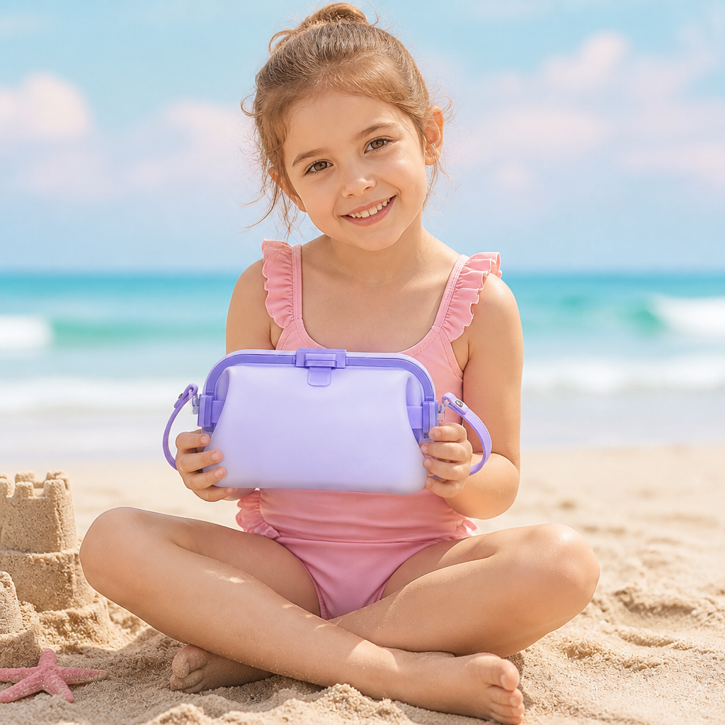 Praktische Umhängetasche aus wasserdichtem Silikon, ideal für Kinder zum Transport von Spielzeug am Strand.