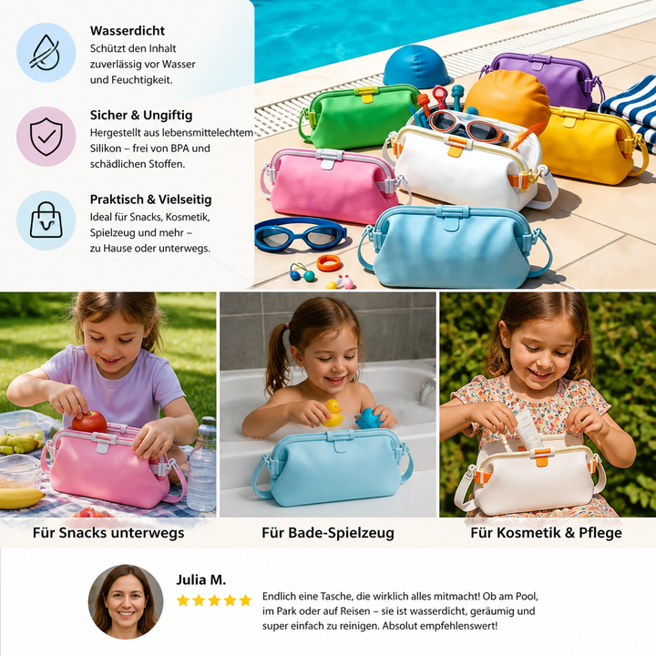 Praktische wasserdichte Strandtasche aus Silikon mit Umhängegurt, sicherer Nässeschutz für Reiseaccessoires.