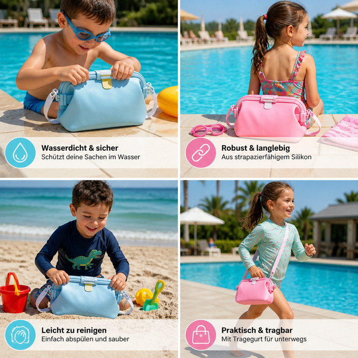 Leichte wasserdichte Outdoortasche für Kinder, Silikon Umhängetasche schützt Spielzeug und kleine Gegenstände.