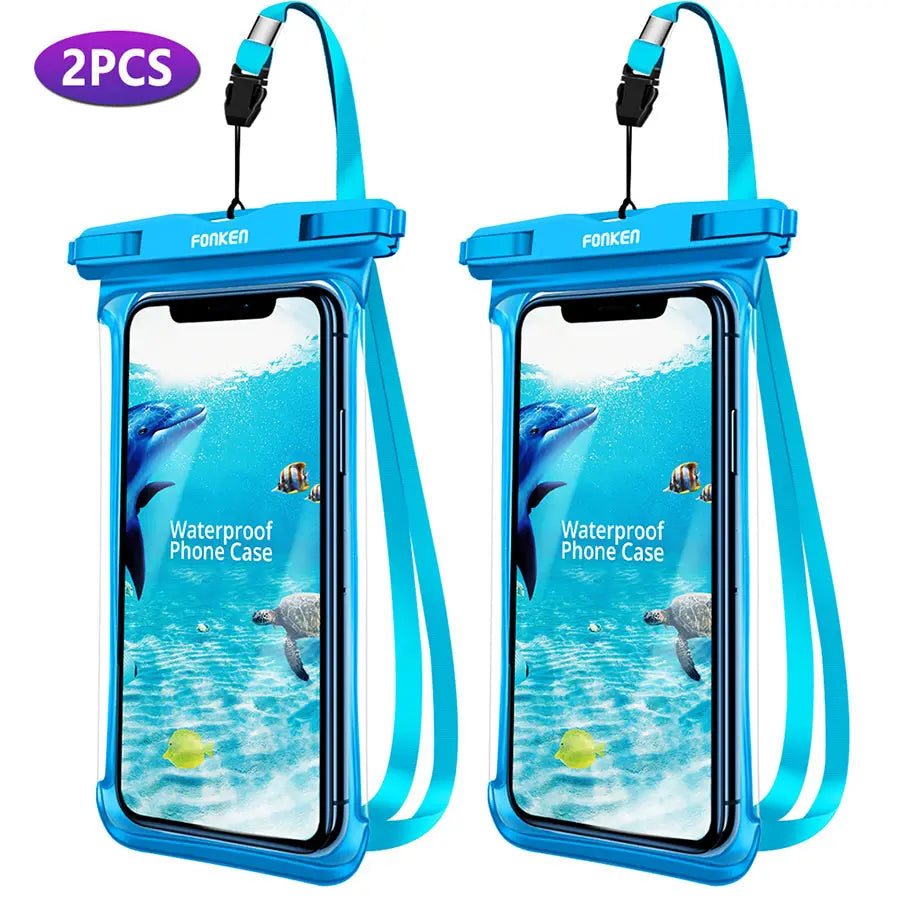 Transparente, wasserdichte Smartphone-Tauchhülle, zeigt das Display des Handys.