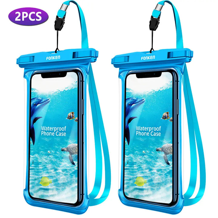 Transparente, wasserdichte Smartphone-Tauchhülle, zeigt das Display des Handys.