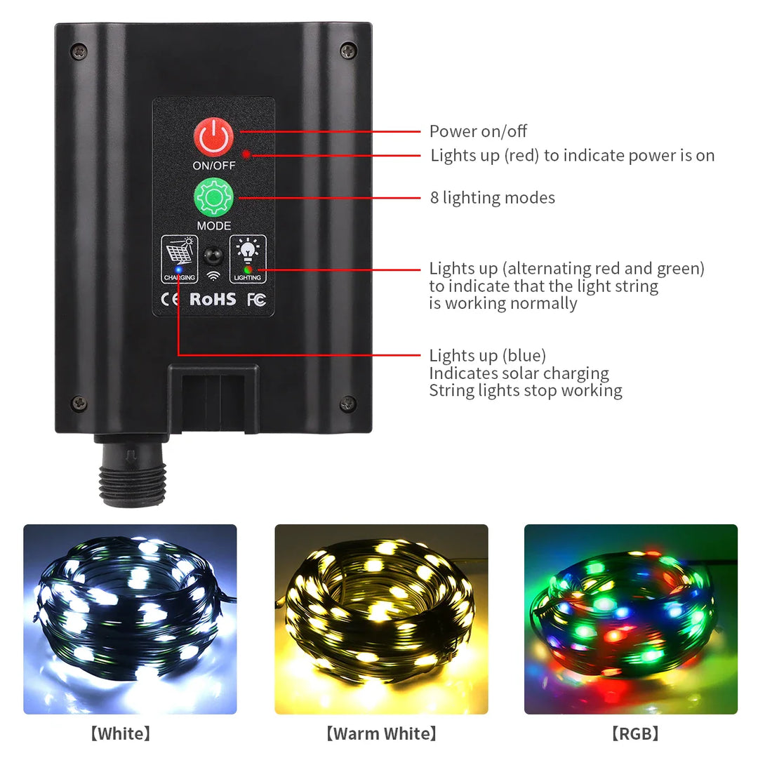 Solar Lichterkette mit Schnellladefunktion & Fernbedienung, ideal für Garten & Terrasse, wasserdicht IP65.