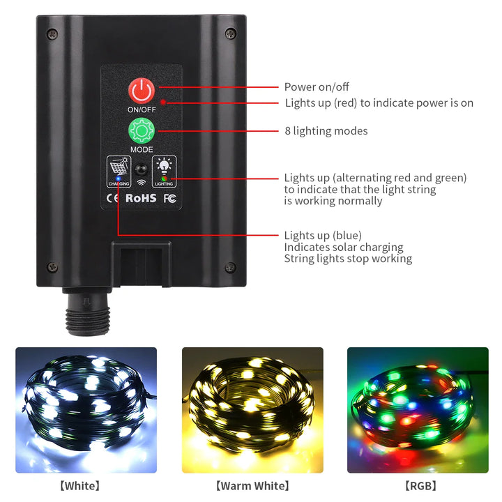 Solar Lichterkette mit Schnellladefunktion & Fernbedienung, ideal für Garten & Terrasse, wasserdicht IP65.