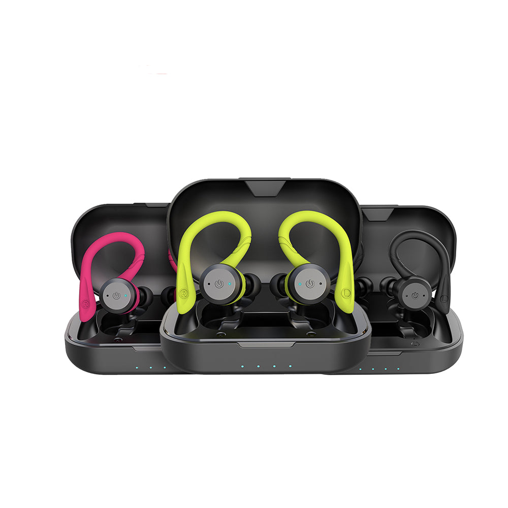 Detaillansicht der kabellosen In-Ear Sport-Ohrhörer; ergonomisches Design für sicheren Halt bei jedem Training.
