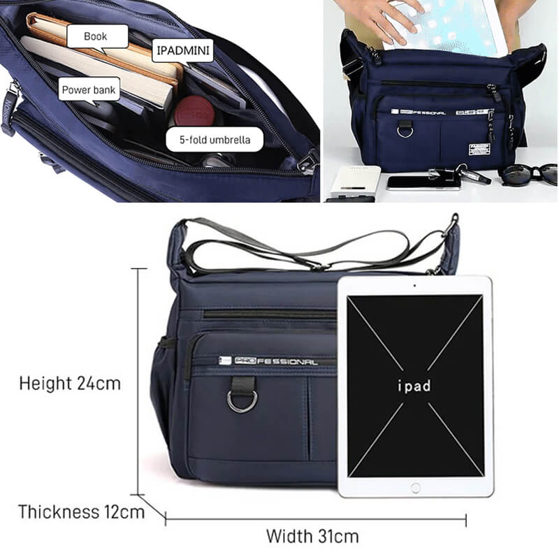 Moderne, schwarze Unisex-Umhängetasche, wasserdicht und leicht, ideal für Reisen und den Alltag.