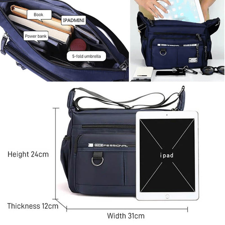Moderne, schwarze Unisex-Umhängetasche, wasserdicht und leicht, ideal für Reisen und den Alltag.