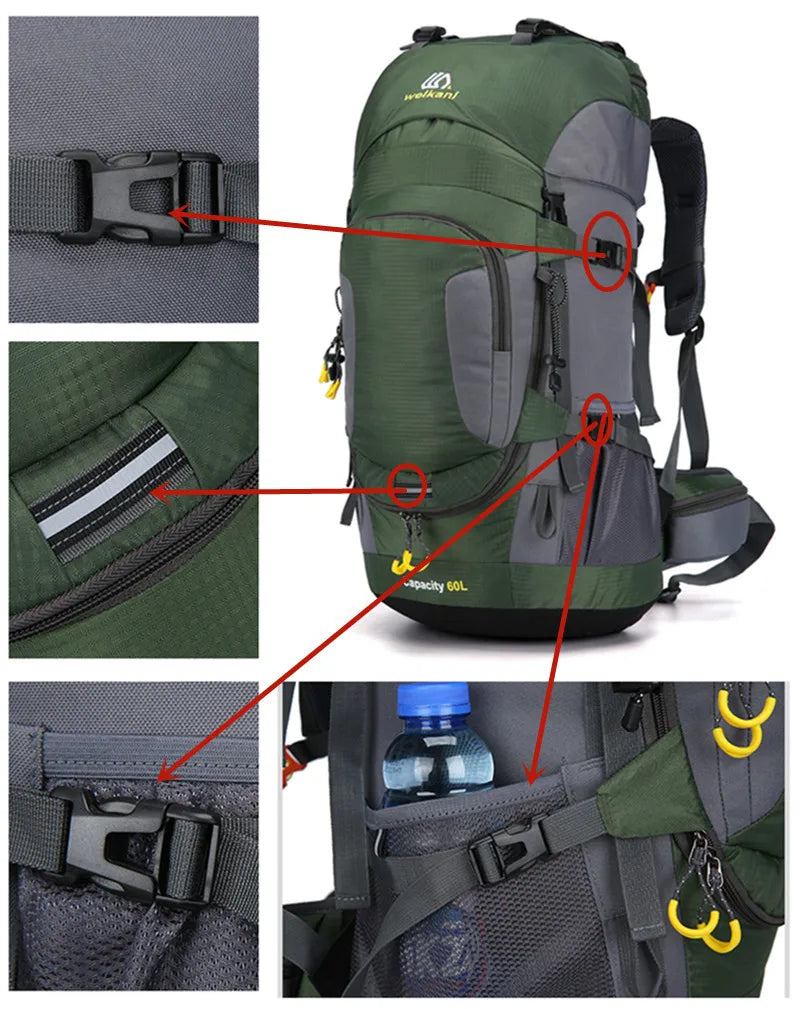 Wasserdichter 60L "AdventurePro" Rucksack vor alpiner Landschaft, bereit für Abenteuer.