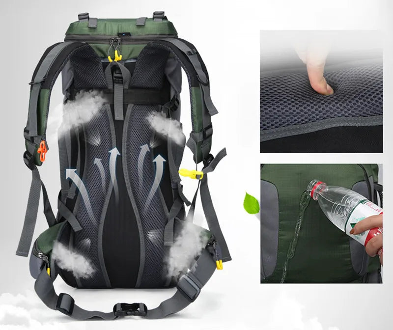 Detaillierte Ansicht der wasserdichten Reißverschlüsse des 60L "AdventurePro" Rucksacks.