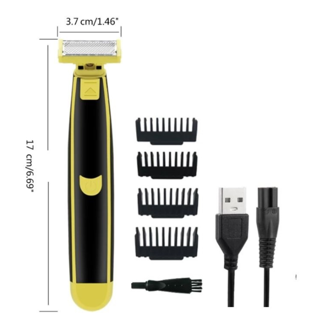 Moderner Herrenrasierer auf elegantem Hintergrund, Geschenkidee. Multifunktionaler Trimmer für umfassende Körperpflege.