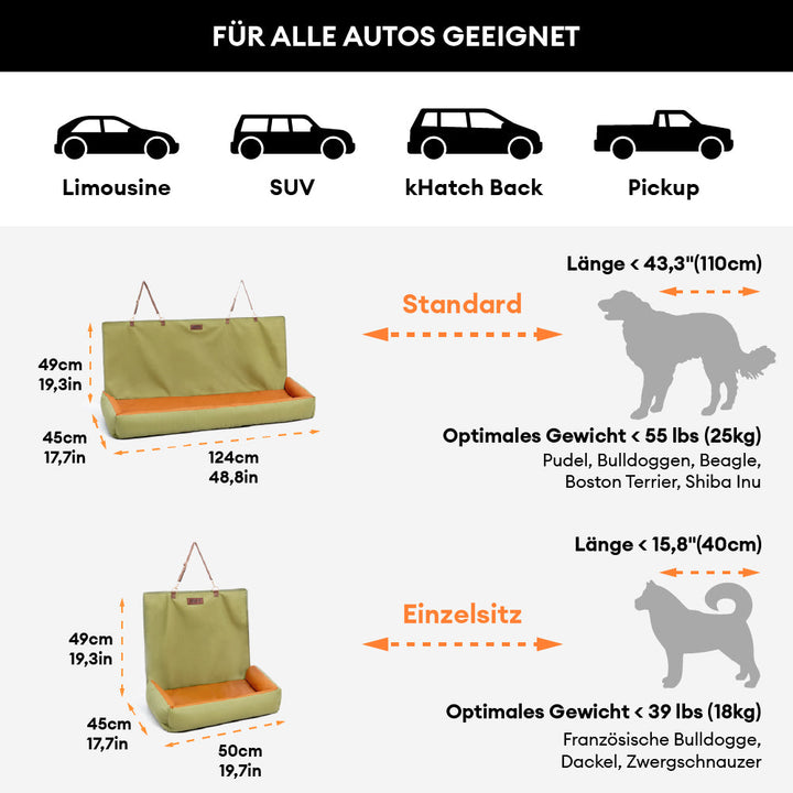 Langlebiger, wasserdichter Hundesitzbezug. Rutschfestes Material für stabilen Transport im Auto.