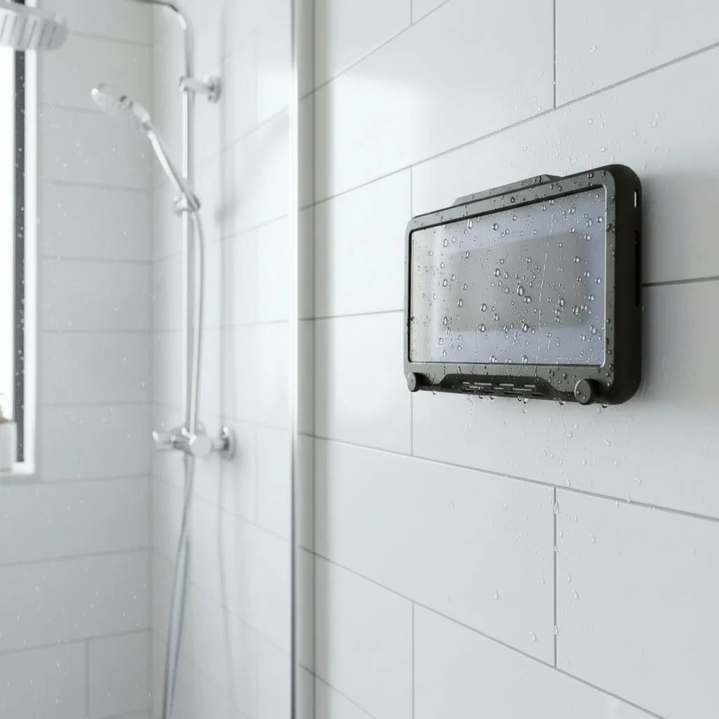 Smartphone Halterung mit 360° Rotation & Touchscreen-Funktion, ideal für Bad, Dusche & Küche, wasserdicht.