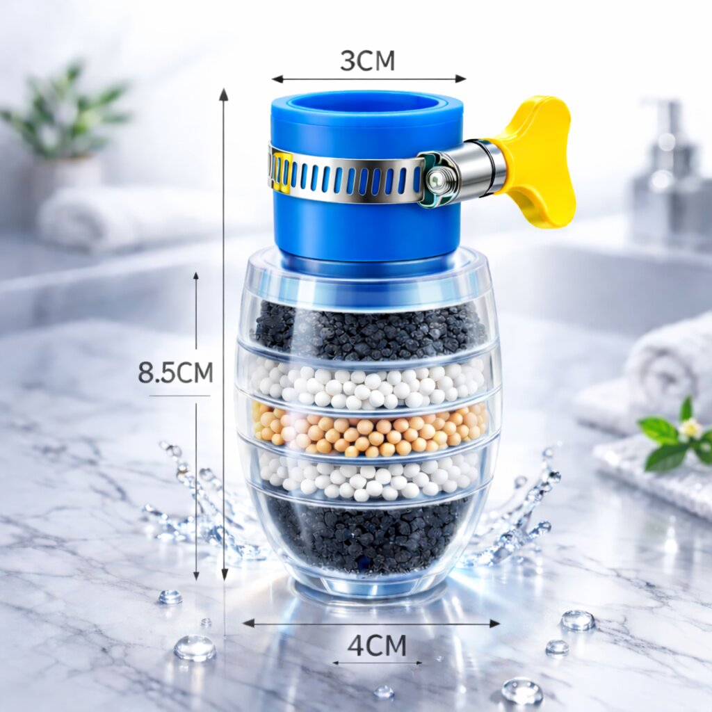 Nahaufnahme des Wasserhahnfilters in Aktion; gefiltertes, klares Trinkwasser läuft aus dem Hahn für Küche.